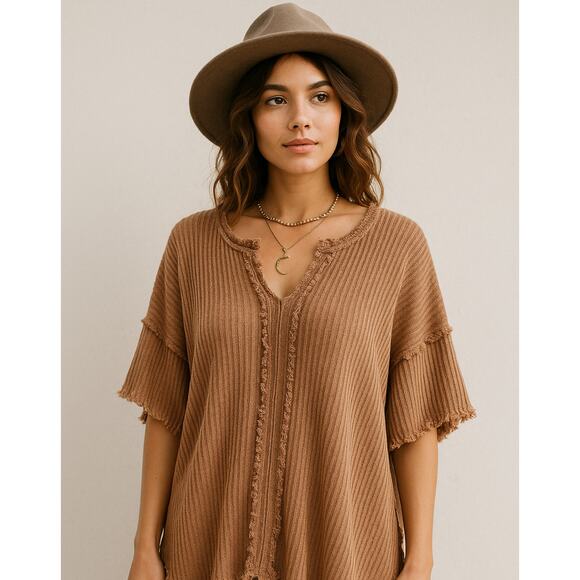 EASEL Mocha Mousse Mineral Washed Oversized Ribbed Frayed Edge Top Size Small - Picture 1 of 7